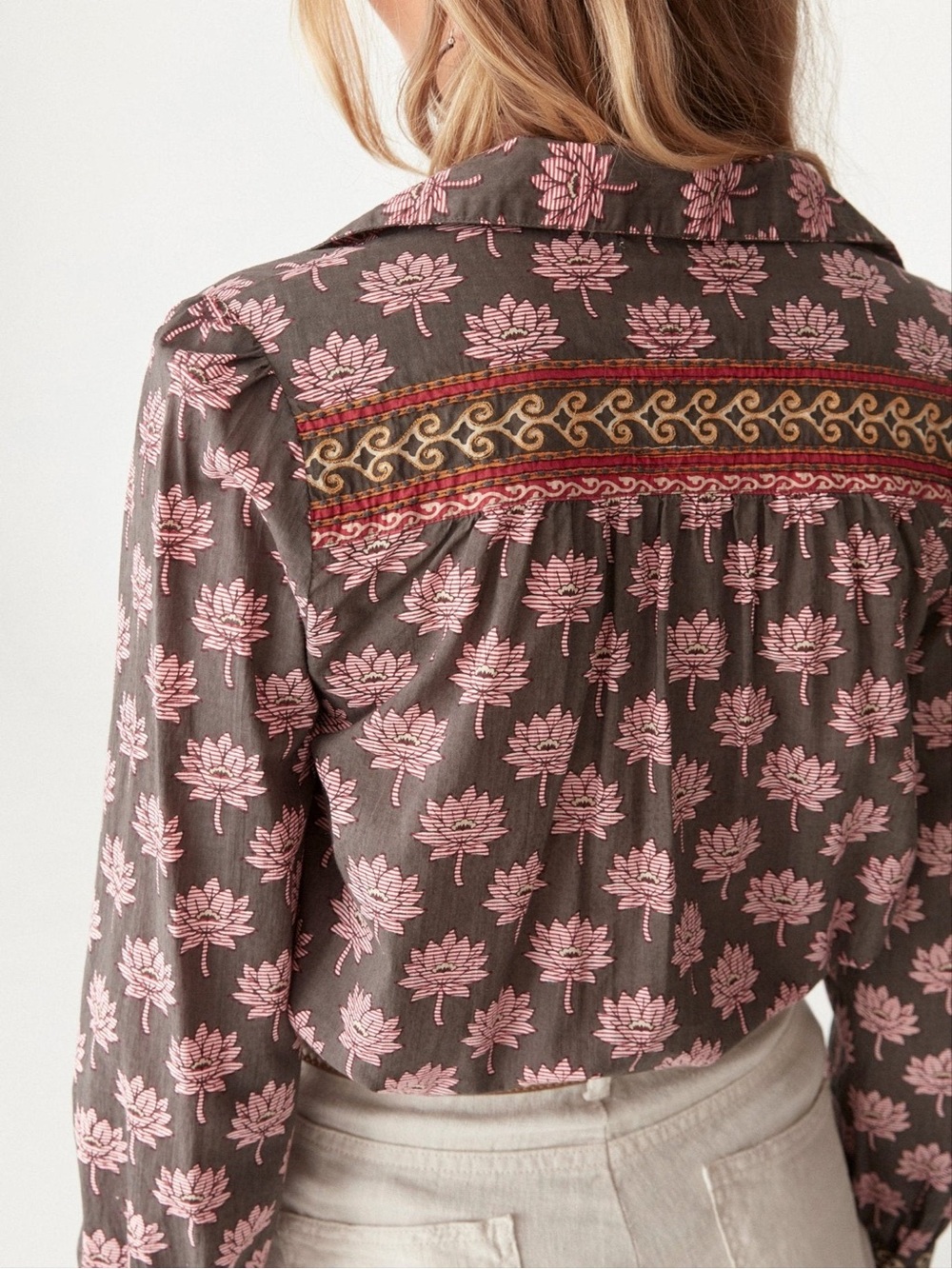 Maison Hotel Cohen Blouse Lotus Mondrian Pink Lotus Print Cotton Boho Western M - Picture 3 of 15